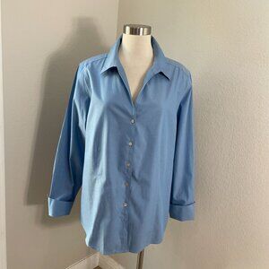 Foxcroft Womens Plus 16W Heritage Non Iron Shirt Fitted Blue Button Up Blouse